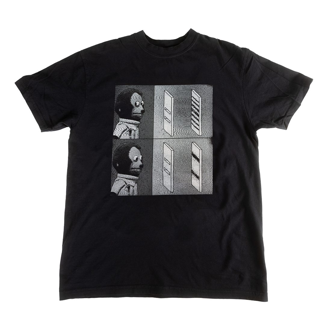 Black Double Slit Shirt with grayscale monkey and double-slit experiment graphic on the front