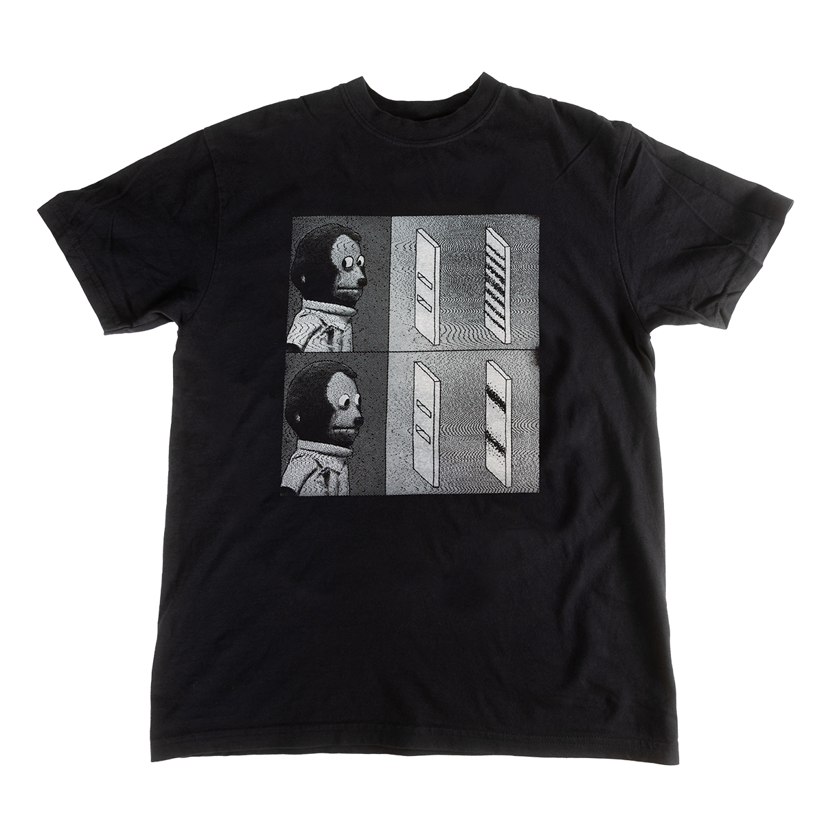 Black Double Slit Shirt with grayscale monkey and double-slit experiment graphic on the front