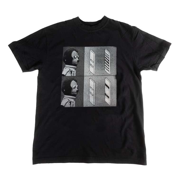 Black Double Slit Shirt with grayscale monkey and double-slit experiment graphic on the front