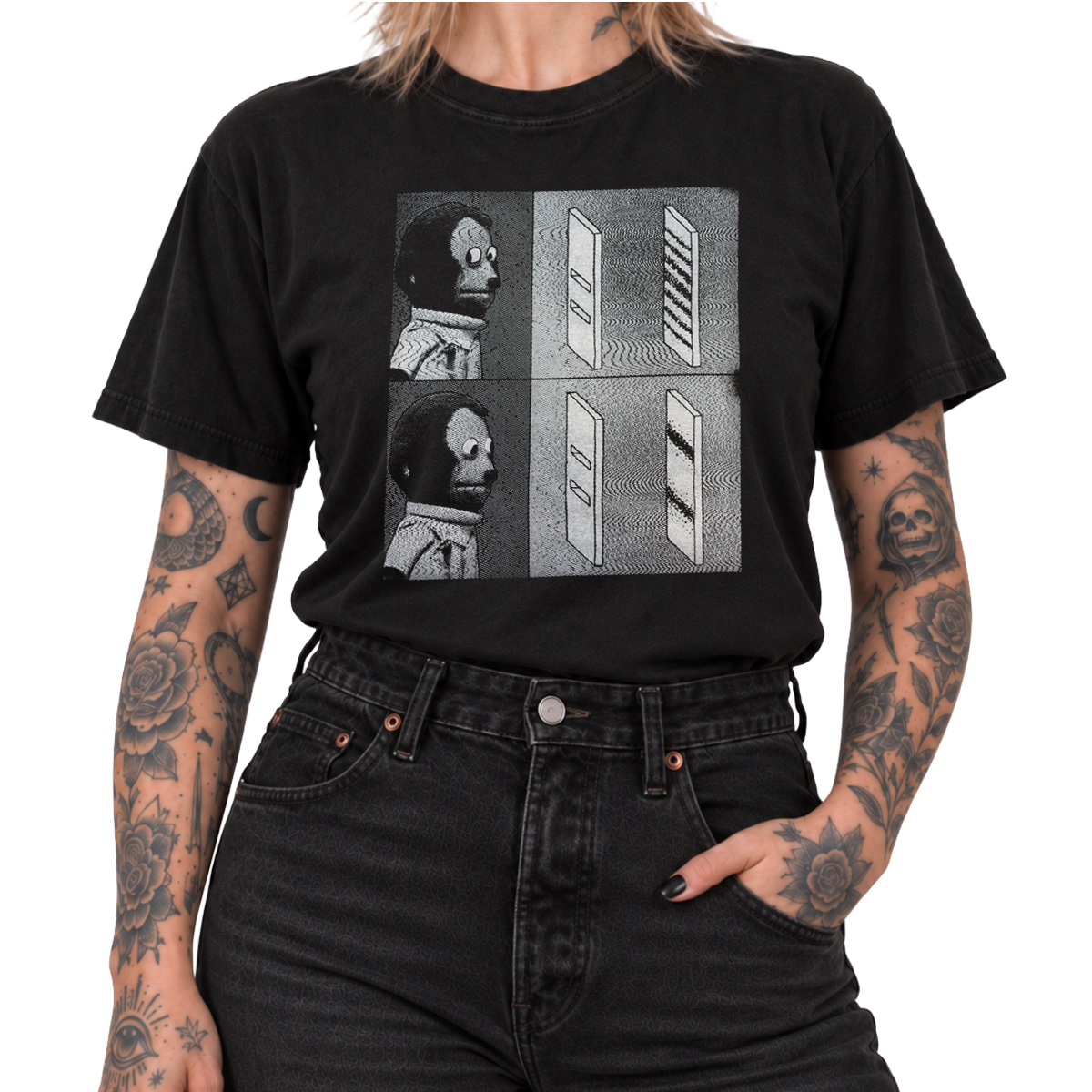 Model wearing the Double Slit Shirt tucked into black jeans