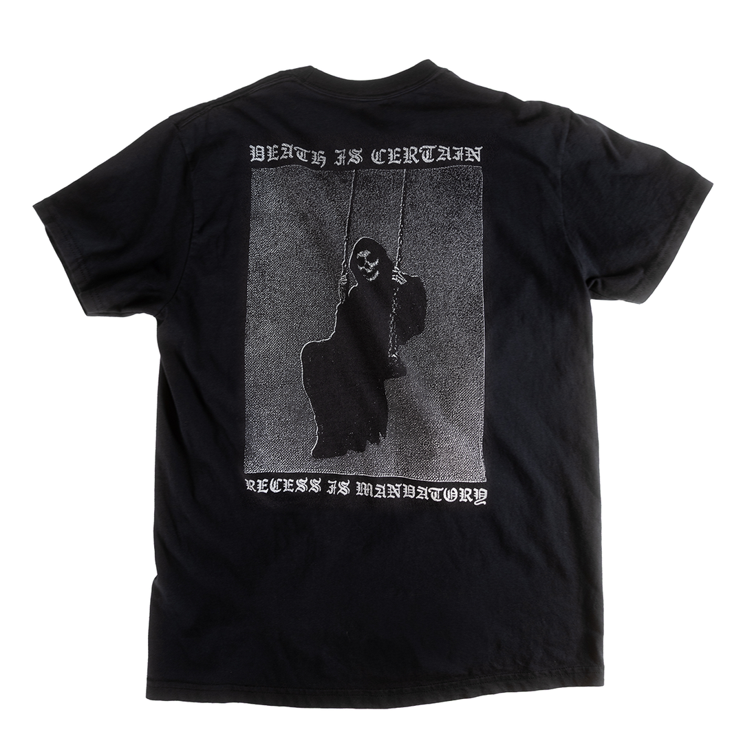 Back of black Grim Swing shirt showing a grim figure on a swing