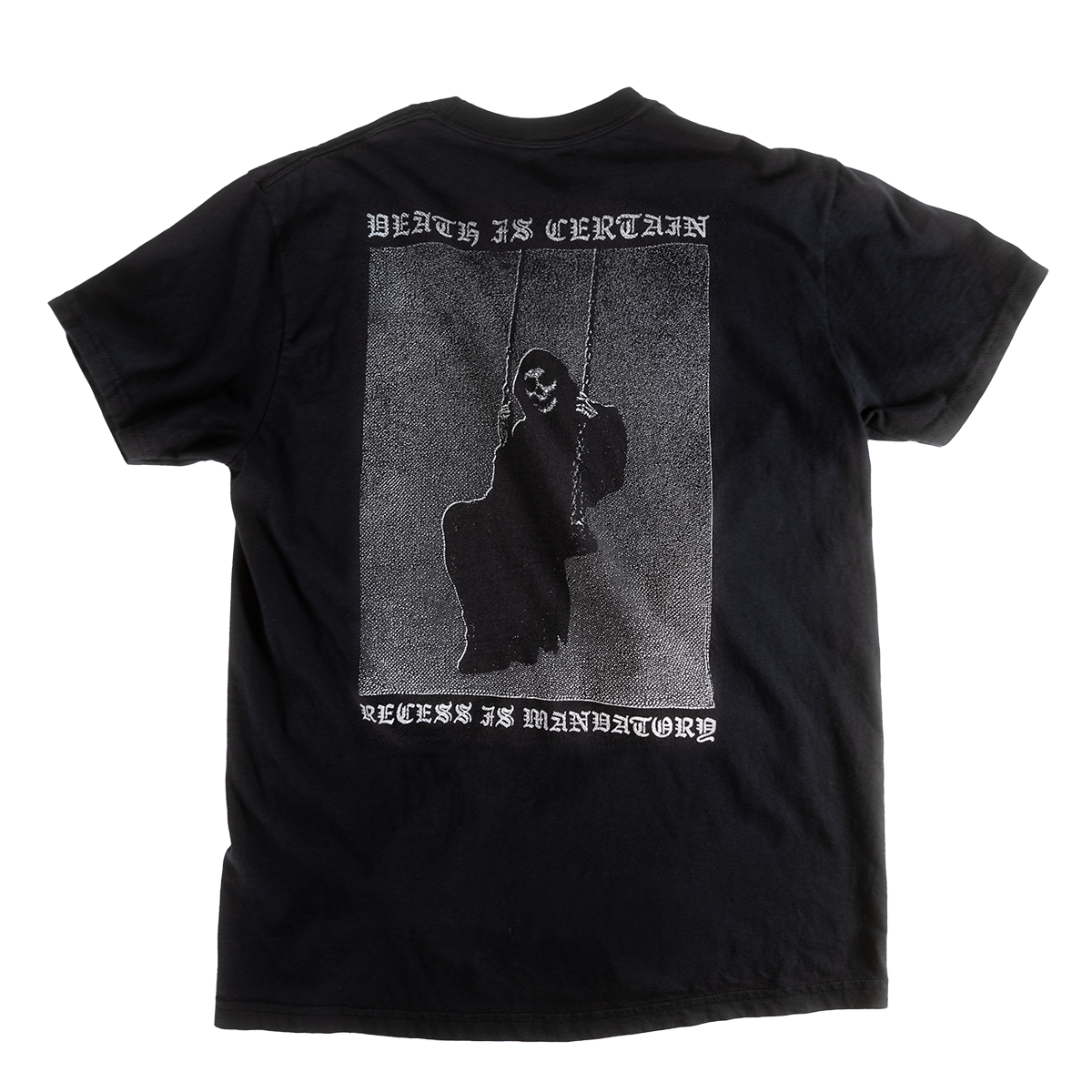 Back of black Grim Swing shirt showing a grim figure on a swing