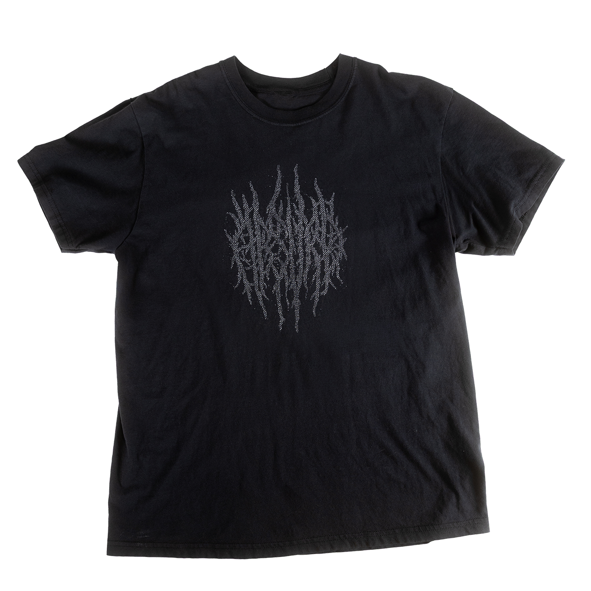 Front view of black Grim Swing shirt with subtle tonal print