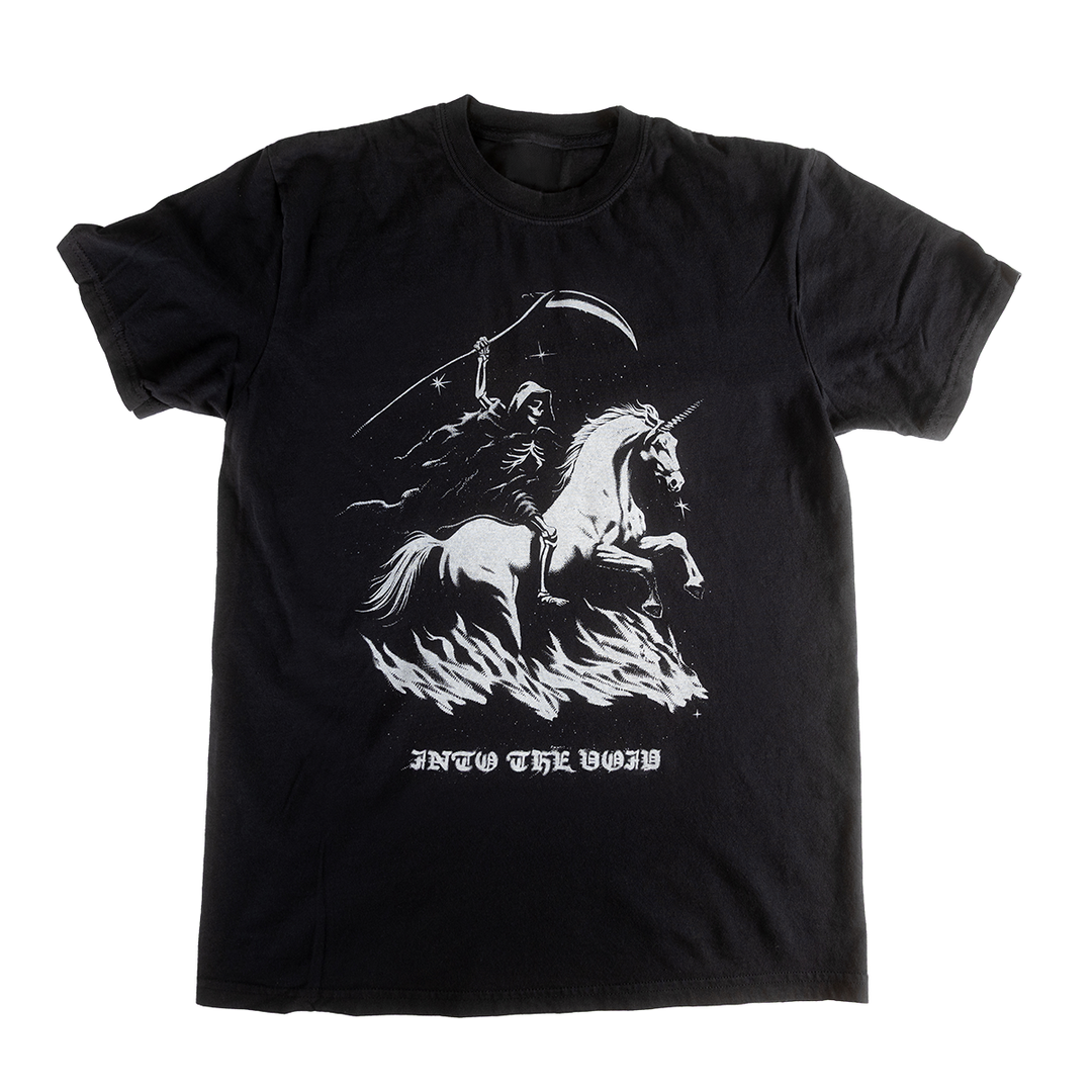 Front of black Into the Void shirt with a reaper riding a unicorn