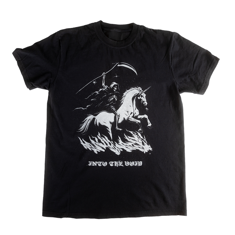Front of black Into the Void shirt with a reaper riding a unicorn
