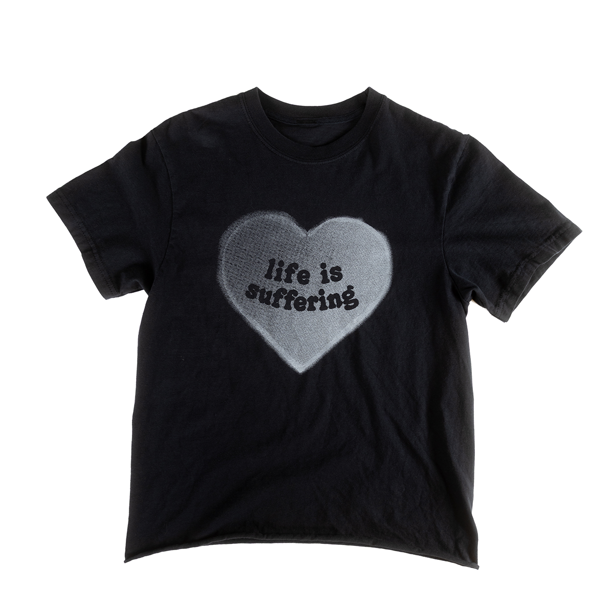 Front of black cropped shirt with gray Life Is Suffering heart print