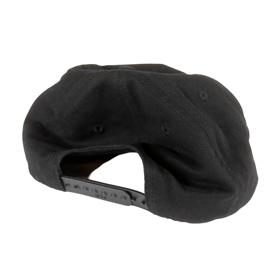 Back of black hat showing adjustable snapback