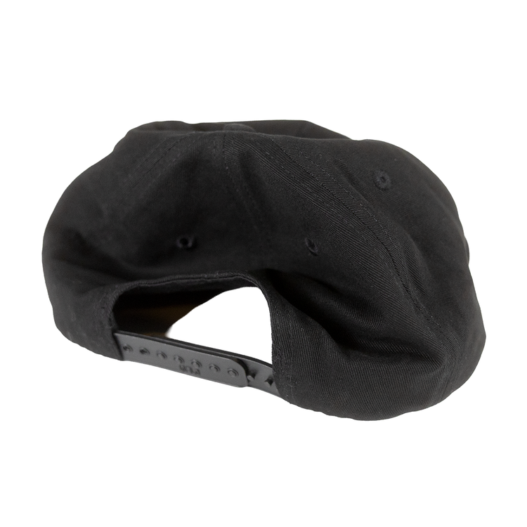 Back of black hat showing adjustable snapback
