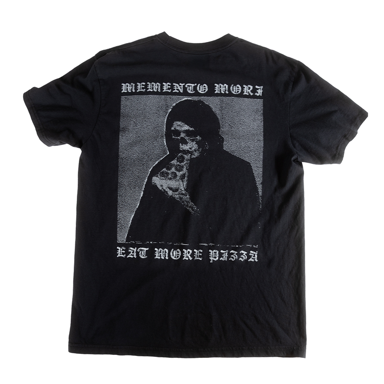 Back of Memento Mori shirt with a hooded figure eating pizza