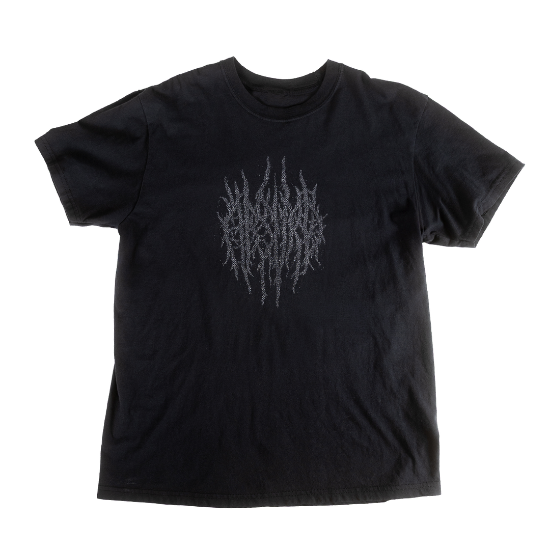 Front of black Memento Mori shirt with gray tangled mark