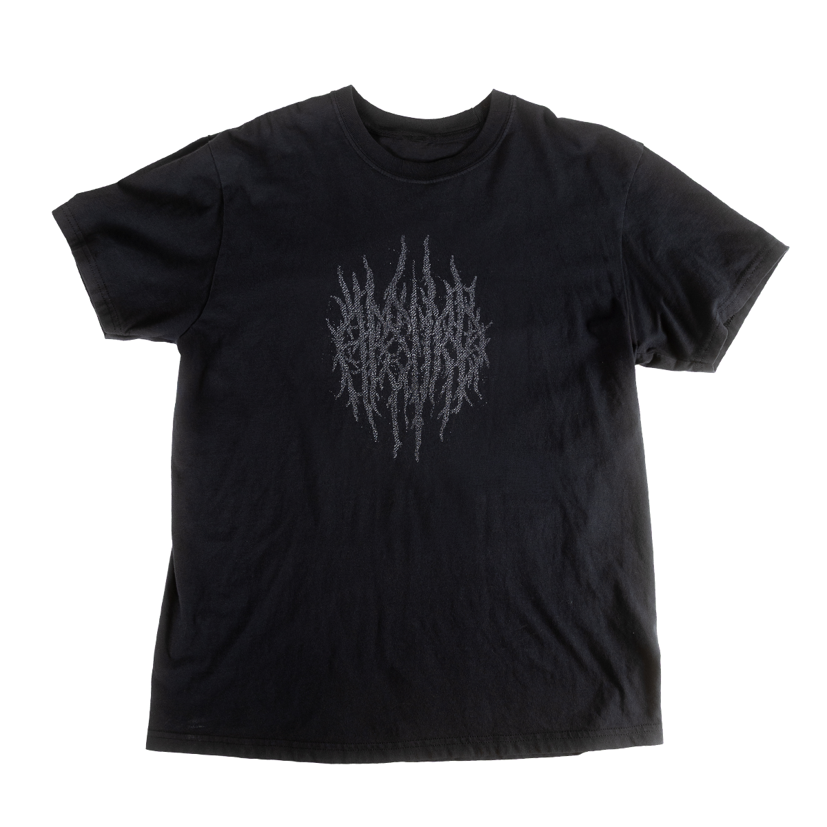 Front of black Memento Mori shirt with gray tangled mark