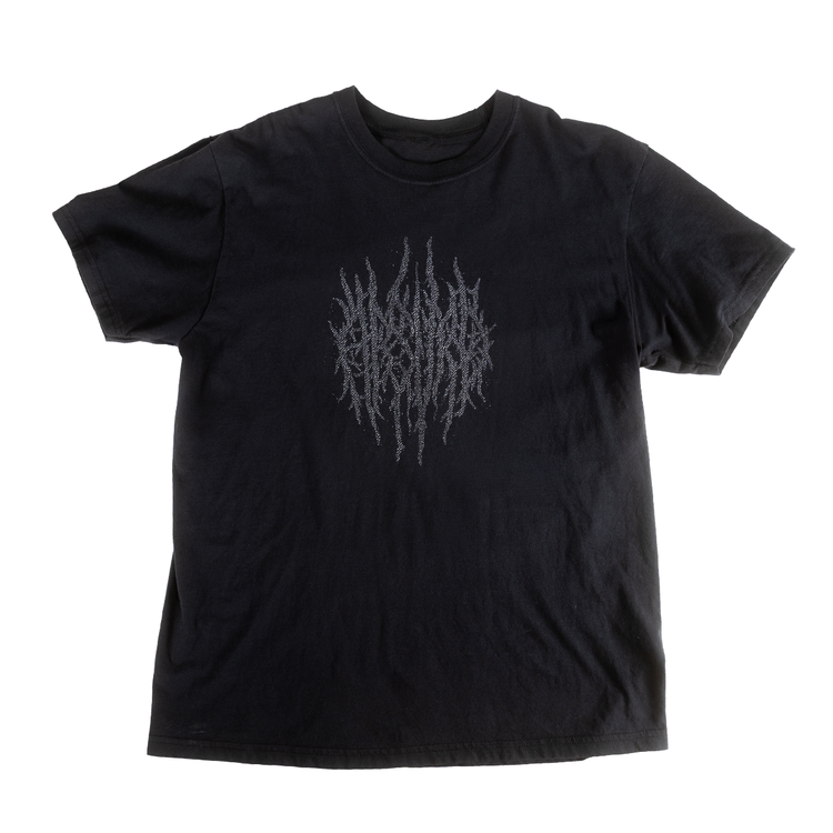 Front of black Memento Mori shirt with gray tangled mark