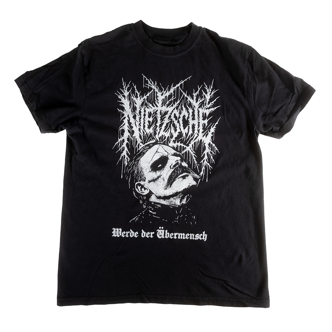 Front of black shirt with a Nietzsche portrait and Werde der Übermensch lettering