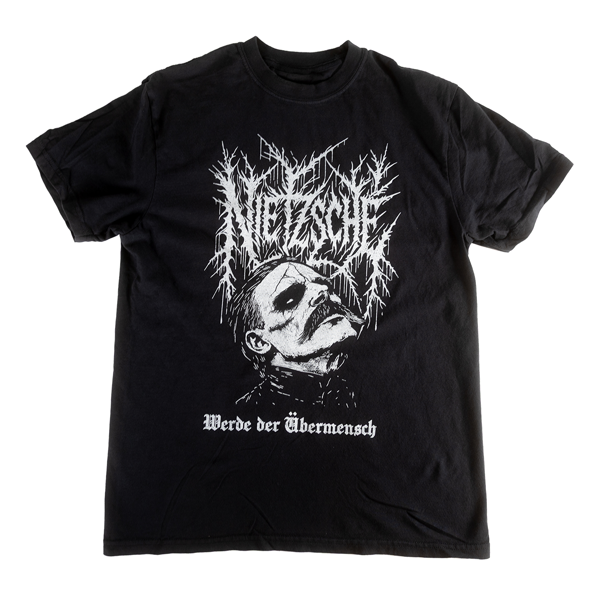 Front of black shirt with a Nietzsche portrait and Werde der Übermensch lettering