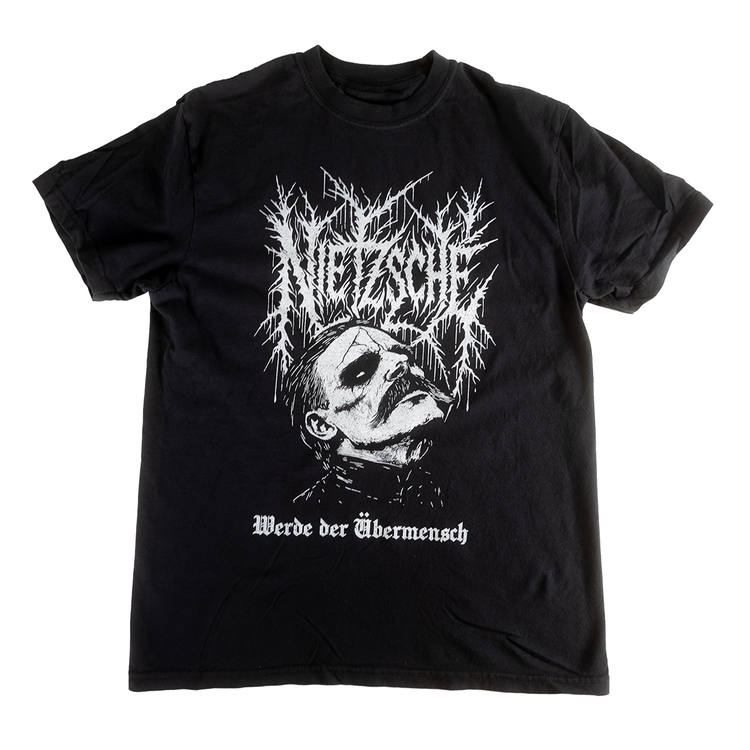 Front of black shirt with a Nietzsche portrait and Werde der Übermensch lettering