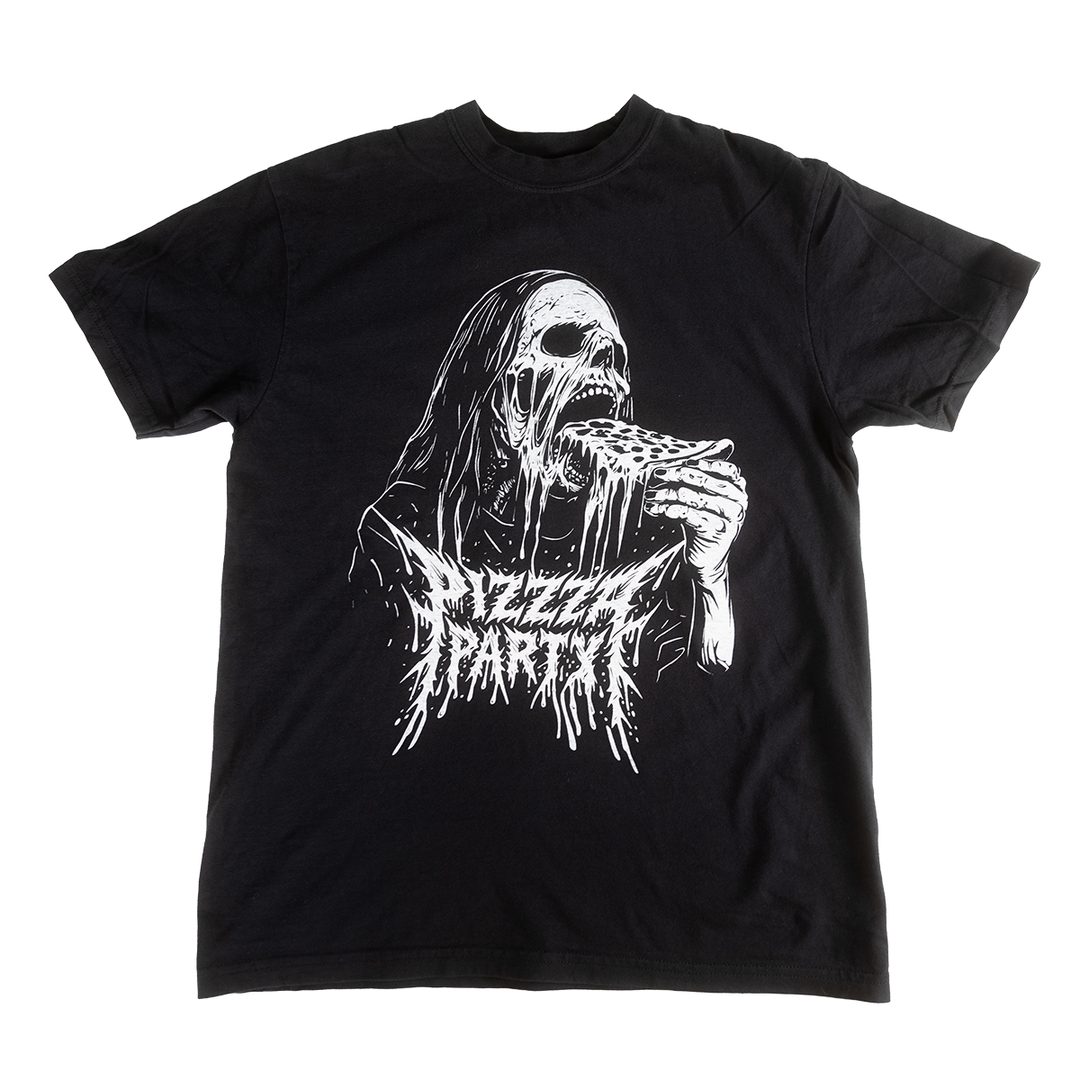 Black Pizzza Party shirt with a skeleton eating pizza printed on the front