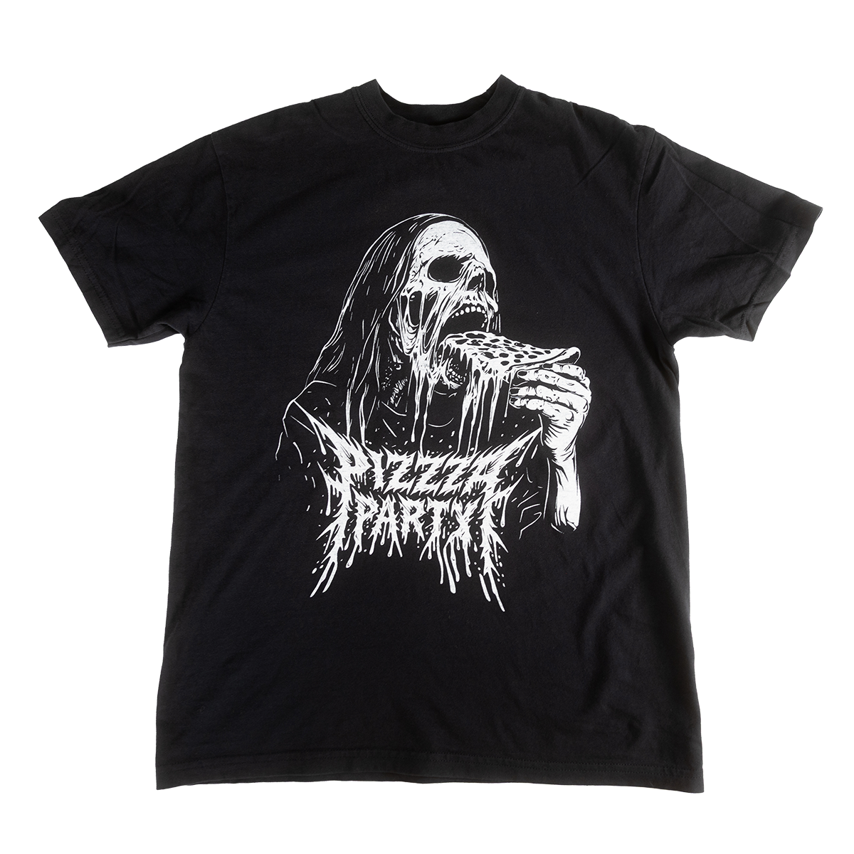 Black Pizzza Party shirt with a skeleton eating pizza printed on the front