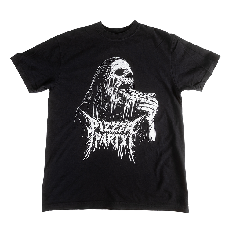 Black Pizzza Party shirt with a skeleton eating pizza printed on the front