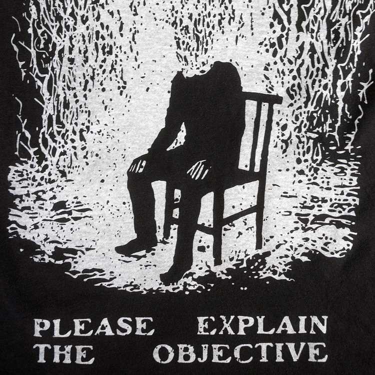 Close-up of seated figure and Please Explain the Objective print